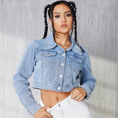 Light Blue Women's Denim Jacket Single Breasted Lapel Coat Fashion Casual Outerwear Short Style Overcoat for Autumn Season