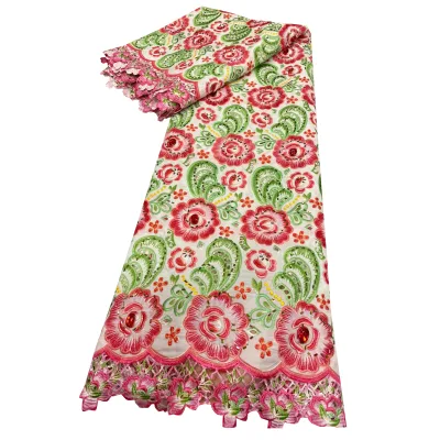 Red Pink Green Paisley Floral Chiffon Lace Multicolor Embroidery Sequined Hollow Lace for Nigerian Traditional Wedding Wear