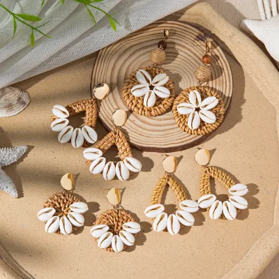 Beach  Geometric Shell Braided Rattan Handmade Woven Drop Earrings for Women Girls