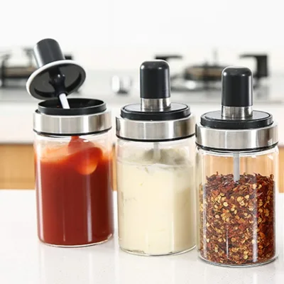 Salt & Seasonings Oil Honey Glass Bottle Home Kitchen Use with Spoon Honey Stick & Oil Brush Cap