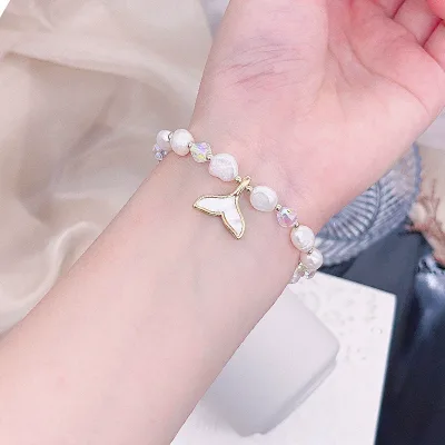 Baroque Freshwater Pearl Bracelet Sea Shell Bead Fish Tail Pendant Bracelet Niche Design Best Friend Jewelry Summer Bracelet