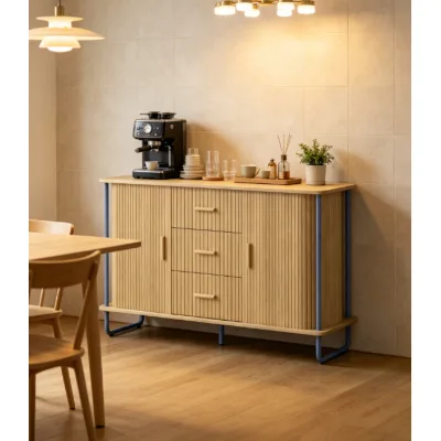 Light Fluted Sideboard, 3 Drawer 2 Door Buffet Cabinet with Blue Metal Legs