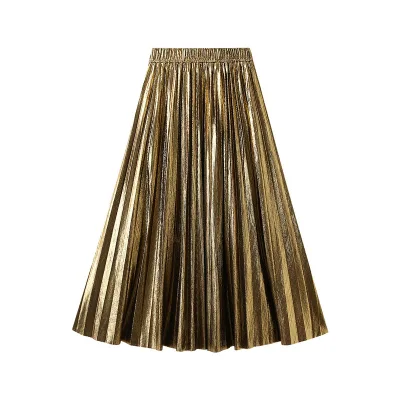 High-end Elastic Waist Casual Shiny Silk Pleated Skirt Mid-length Spring Autumn