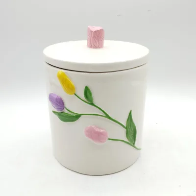 Ceramic Cookie jar , Round Food storage jar with Lid, Embossed Tulip Flower Cookie jar