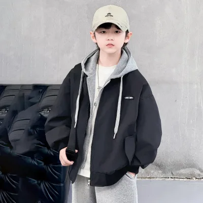 Boys Spring Hooded Faux Two-Piece Jacket New Style Older Kids Cool Edgy Street-Stunning Trendy Vibe Zip-Up Closure
