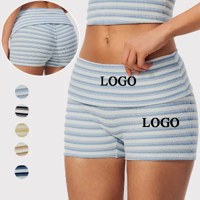 Soft Color Blocking Gym Shorts Tummy Control Butt Lift 3inch Women Shorts Ribbed Striped Fold Over Waist Yoga Shorts