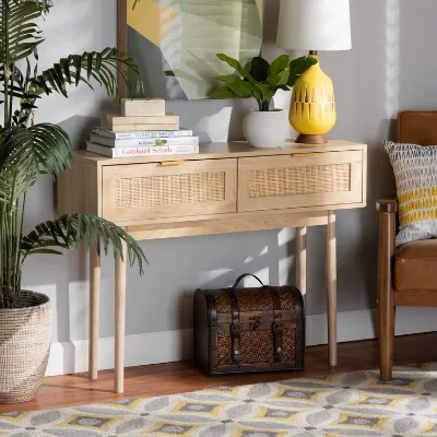 Mid-Century Modern Console Table with Light Oak Brown Finished Wood and Rattan 2-Drawer Entryway Table
