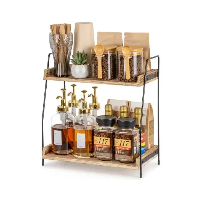 Shelf for Coffee Bar Accessories Countertop Coffee Station Organizer Condiment Storage Caddy for Kitchen 2 Tier Wooden