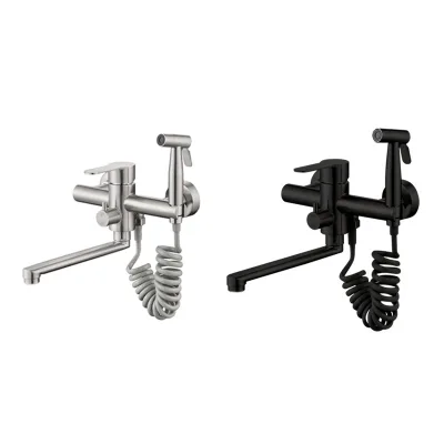 Black cold and hot stainless steel wall-mounted multi-functional extended nozzle with gun Russian double-hole kitchen faucet
