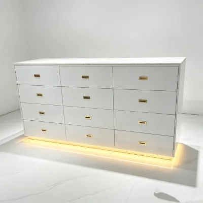 Double-Sided Nail Polish Storage Cabinet  Marble Top, Gold Trim, LED Glow, Custom Size  Salon Display Unit