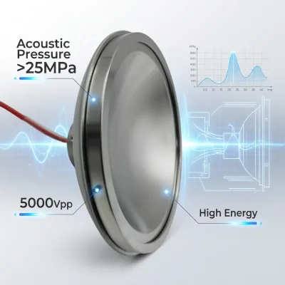 Spherical Focusing Piezoelectric Transducer 250kHz for Shockwave Therapy & Pain Treatment (5000Vpp, >25MPa, 63mm Focus)