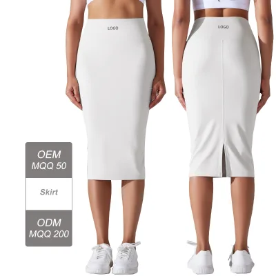 6630 Nude High Waist Tight Athletic Sports Skirt High Elastic Brushed Mid-length Slit Yoga Dress for Women