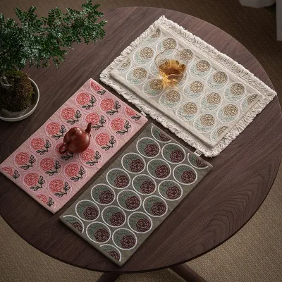 Handmade Sashiko-Embroidered Cotton Linen Tea Mat Creative Rose Dry-Brewing Pad Vintage Rustic Cloth Double-Layer Tea Mat