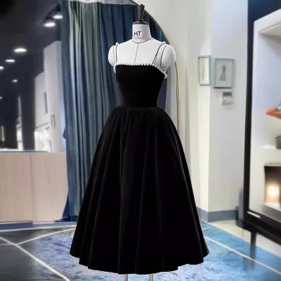 Black Velvet Wedding Dress Elegant Prom Evening Midi Dresses for Women 2026 Spring Sexy Long Birthday Graduation Party Vestido