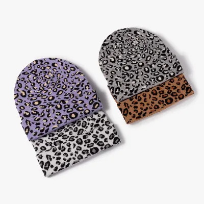 Custom Design Knit Beanie, Leopard Jacquard Warm Winter Hat, Unisex No Cuff Hip-hop Skull Cap for Kids and  Adults