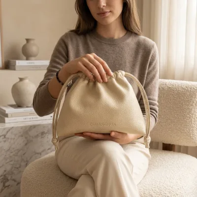 Wholesale Cream Pebbled Drawstring Pouch PU Leather Jewelry Gift Storage Bag Custom Logo Travel Cosmetic Organizer Packaging