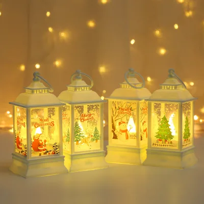 Wholesale Battery Operated Christmas LED Lantern Plastic Portable Hanging Candle Light with Santa Snowman Reindeer Prints