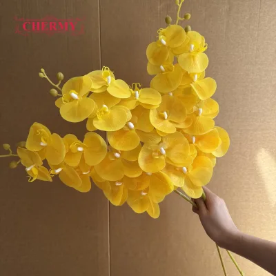 Wholesale High Quality 3D Printing Artificial Flower 9 Heads Yellow Orchid For Wedding Event Home Floral Arrangement Decoration