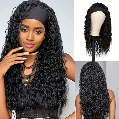 African Small-coil Headband Long Curly Hair Realistic Brightening Machine Made High-temperature Synthetic Fiber Wigs