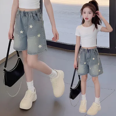 Girls Cotton Denim Shorts 2026 Summer New Stylish Retro Star Print Elastic Waist Cross-Border Sales Sizes Older Children