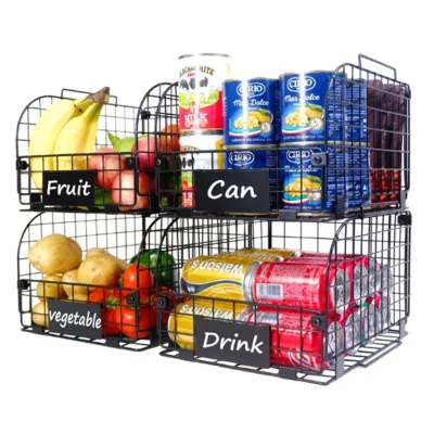 Wholesale Black Metal Wire Storage Baskets Iron Steel Folding Stackable Canned Snack Fruit and Vegetable Storage Basket