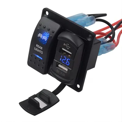 New 12/24V Combination Switch Panel with 2 USB Ports and Digital Voltmeter IP65 Protection for Car RV Marine Use
