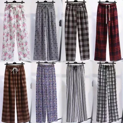 Women's Casual Wide Leg Pants Checkered Print High Elastic Waist Breathable and Comfortable Plus Size-Large