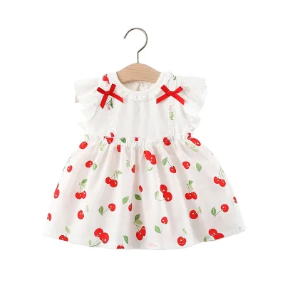 Baby Girls Low Price Clothing Kid Dresses Girl Sleeveless Ruffle Chiffon Party Lace Dress With Cherry Design