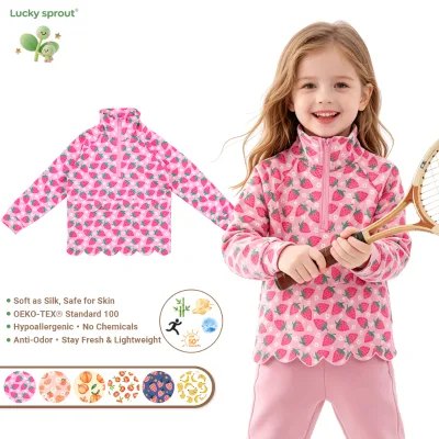 Girls Fruit Print Half Zip Long Sleeve Top Soft Skin Friendly Anti Odor Hypoallergenic Kids Scallop Hem Athletic Pullover