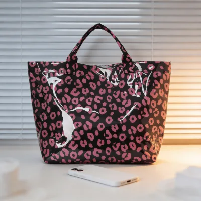 Trendy Women Pink Leopard Print PVC Tote Bag Waterproof Large Capacity Shopping Handbag Reusable Beach Travel Tote Bags