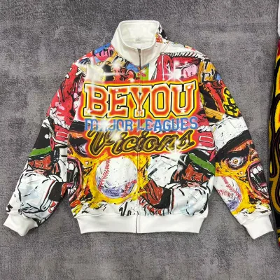 Custom Men's Printed Nylon/Cotton Quick-Dry Anti-Wrinkle Breathable Winter Terry Kits Streetwear Loose Fit Zip Jacket Wide-Leg