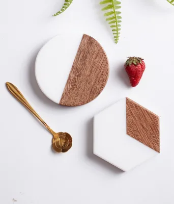 Marble stone coaster set with wood holder round heat resistant drink coaster non slip table mat home decor custom logo absorbent