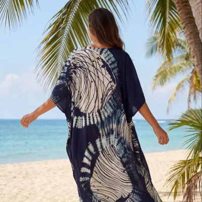 Viscose Woven Digital Printed V-Neck Drop Shoulder Maxi Beach Smock Loose Fit Summer Casual Breathable Washable for Beach Party