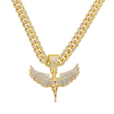 Wholesale Mens Iced Out Flying Angel Pendant Necklace Gold Plated Alloy Full Bling CZ Cuban Link Hip Hop Jewelry