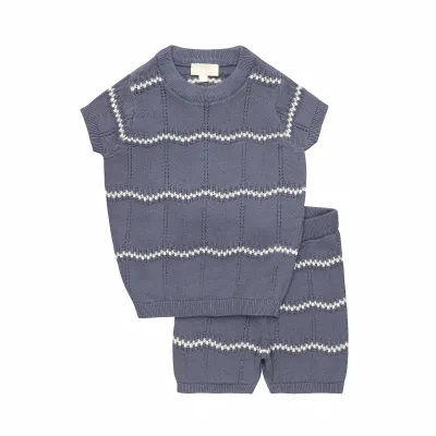 Wholesale Boys Cotton 2-Piece Set 8-12 Years Casual Summer Outfits Knitted TEE & Shorts Wavy Lines OEM ODM