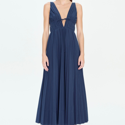 Elegant Midi Length Pleated Slip Dress A-line Skirt V- Neck Cotton Linen Straps Dress