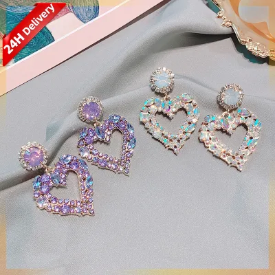 HOVANCI 2021 Korean Fashion Sweet Heart Crystal Stud Earrings Women 925 Silver Needle Crystal Heart Earrings