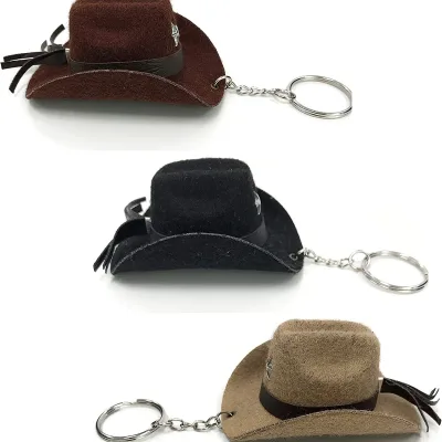 Vintage 8cm 3D Simulation Mini Western Cowboy Felt Hat Keychain with Star Ornament Handmade Mini Hat Hanging Charm Backpack Deco