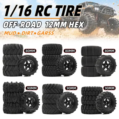 RCXAZ 4PCS Rubber 80/90mm RC Off-Road Monster Truck Tires 12mm Hex 1/14 1/16 for E-Revo HSP 94186 16208 WLtoys 144001