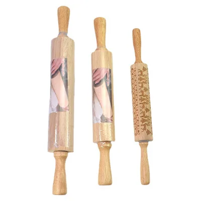 Custom BPA-free Christmas Embossed Food Grade Cake Dough Baking Roller Non-stick Rolling Pin With Wooden Handle