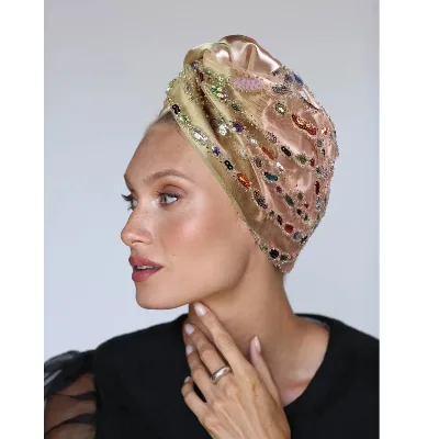 Jeweled Rhinestone Gold Turban Embellished Adult Accessory Polyester Pailietten for Outdoor Use Fancy Turban for Protection