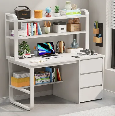 Modern Luxury Wooden Workstation Desk with Storage Shelves and 3 Drawers for Home Office and Office Building