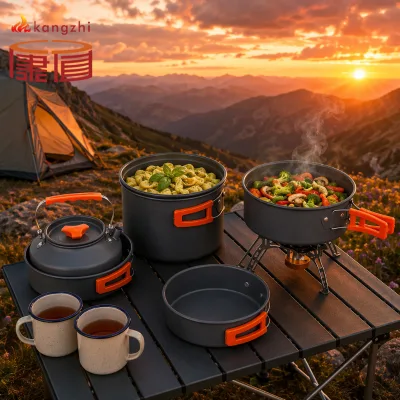Portable Folding Camping Cookware Set Non-Stick Coating Hard Anodized Aluminum Pot Pan Modern Style All Seasons Outdoor Cooking