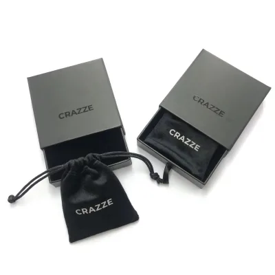 Hot Sale Luxury Custom Logo Black Hard Paper Cardboard Jewelry Packaging Box Jewellery Drawer Box with Drawstring Jewelry Pouch