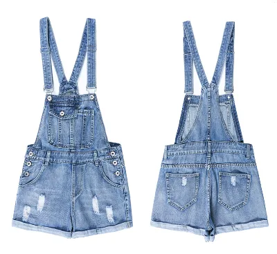 Custom Design Belt Loop Buttons Middle Waist Women Suspender Bib Pants Shorts Folding Leg Opening Pockets Girls Denim Overalls
