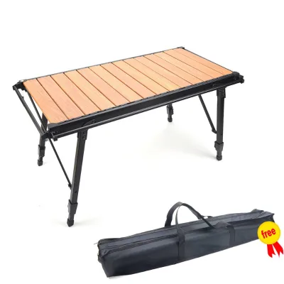 Aluminum Alloy Egg Roll Camping Table Adjustable Height Legs Wood Grain Tabletop Portable Folding Outdoor Picnic BBQ Camp Table