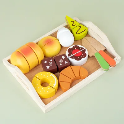 Wholesale Children Wooden Simulation Dessert Bread Cutting Educational Toy Set Cut Fruit and Vegetable Play Game Kitchen Food
