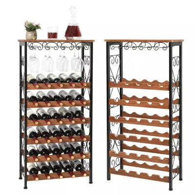 Rustic 6 Tiers 30 Bottles Floor Wine Rack Shelf With Wine Glass Holder Rack Wine Bottle Organizer Display Storage Stand