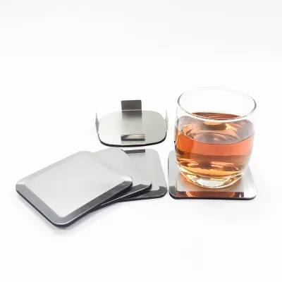 Custom Stainless Steel silver Drink puddle square wine bottle coaster Set of