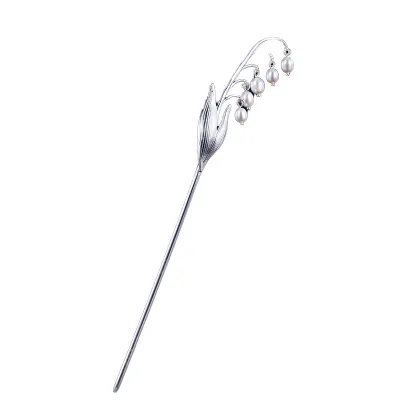 S925 Sterling Silver Vintage Lily of the Valley Pearl Hairpin for Women Chinese Style Updo Hair Stick Tassel Floral Jewelry